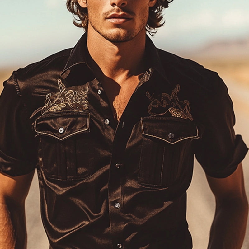 Men's Solid Color Embroidered Short Sleeve Shirt MTA1595E2X