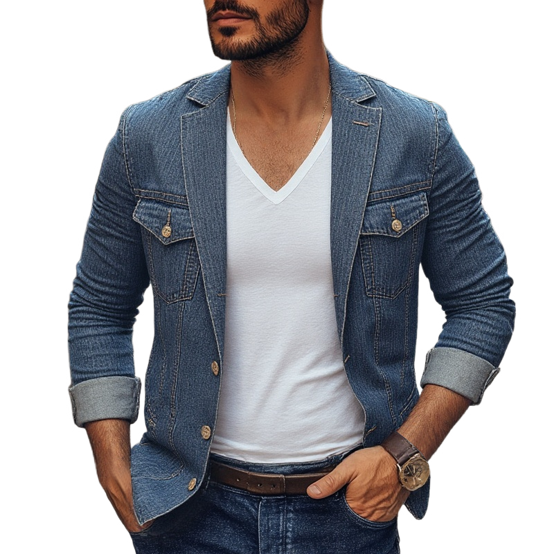 Distressed Notch Lapel Single Breasted denim Blazer 10317662Z for menn