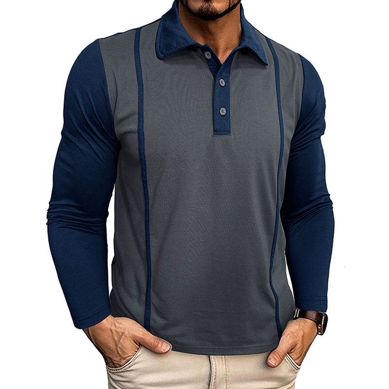 Men's Contrast Color Cotton Blend Long-sleeved Polo Shirt MTA2827G5X