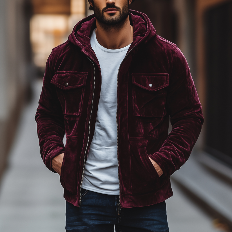 Men's Casual Vintage Solid Color Velvet Hooded Zipper Placket Multi-pocket Loose Jacket MTA1435H9M