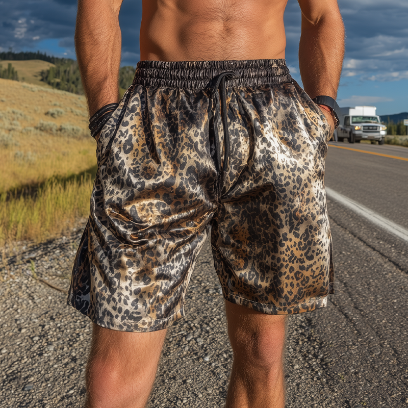 Men's Fashion Casual Leopard Print Satin Elastic Waist Shorts MTA1437G8K
