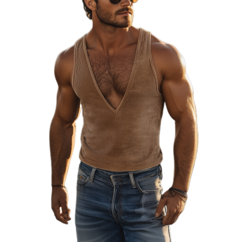 Men's Fashion Retro Western Cowboy Style Corduroy Deep V Neck Tank Top 74444676K