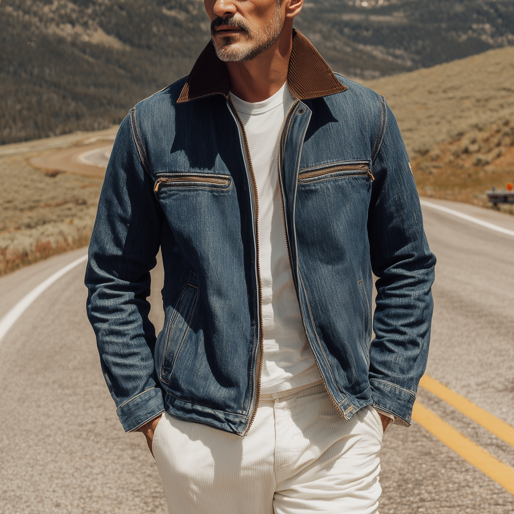 Men's Classic Retro Western Style Corduroy Collar Zipper Denim Washed Jacket MTA0746H7K