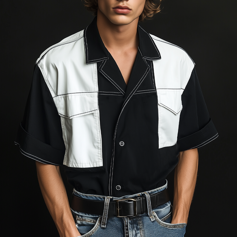 Men's Classic Black And White Colorblock Notch Lapel Short-Sleeved Shirt MTA2370F0U