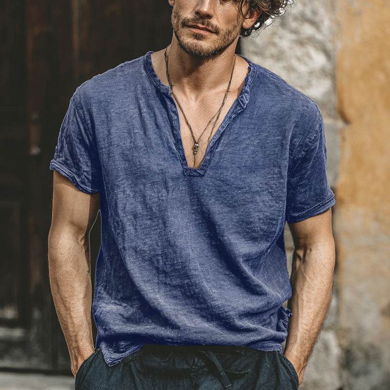 Men's Linen Blend V-Neck Short Sleeve T-Shirt MTA0253G9X