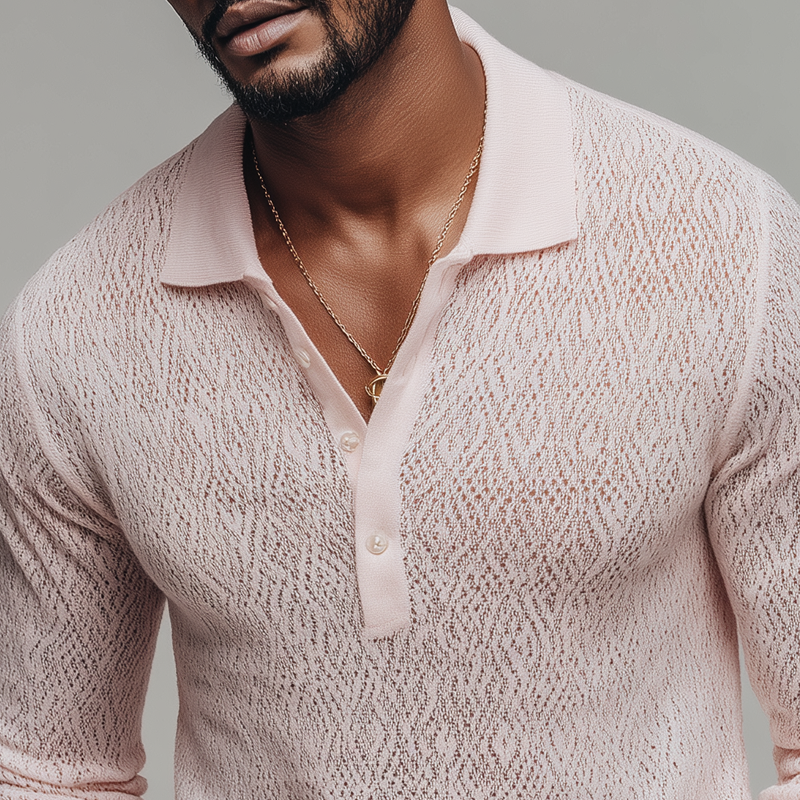 Men's Geometric Openwork Knit Lapel Long Sleeve Polo Shirt MTA1575H4Z