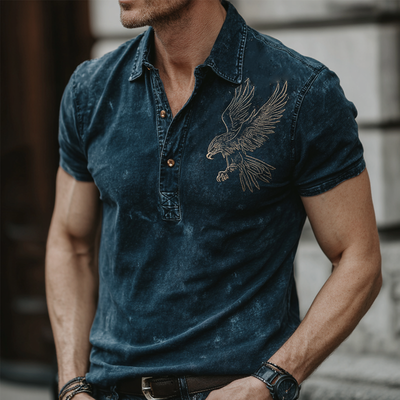 Herrepoloskjorte med broderte hvite bald eagle-motiver, korte ermer, MTA0477G7X