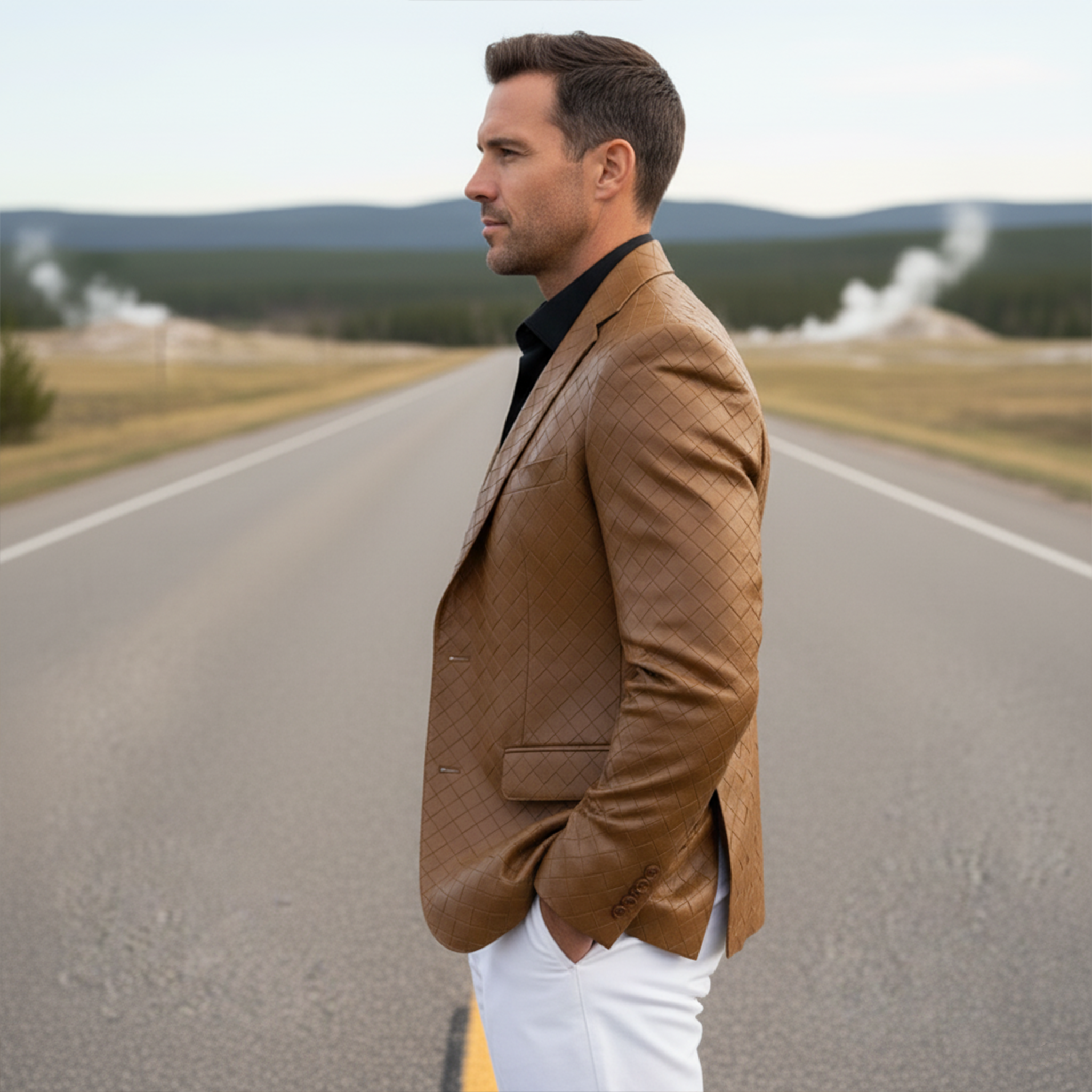Men's Classic Retro Check Texture PU Leather Slim Fit Single-breasted Blazer MTA1647I9K
