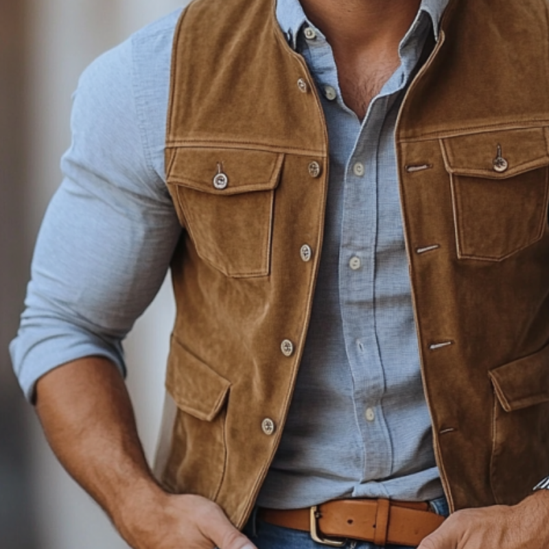 Men's Fashion Suede Round Neck Multi-Pocket Single Breasted Slim Fit Vest 84161193Y