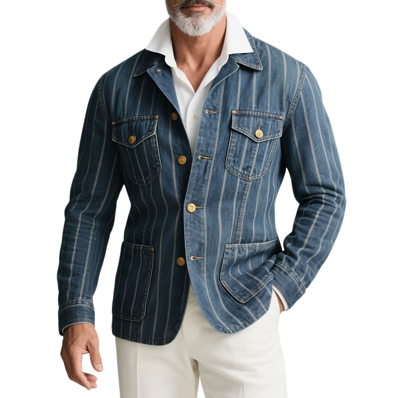 Men's Striped Denim Lapel Multi-pocket Single Breasted Jacket MTA2460G3Z