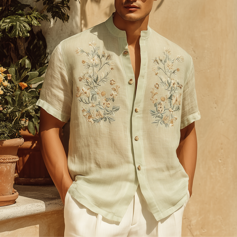 Men's Summer Cotton Vintage Floral Embroidery Short Sleeve Shirt MTA0790G5U