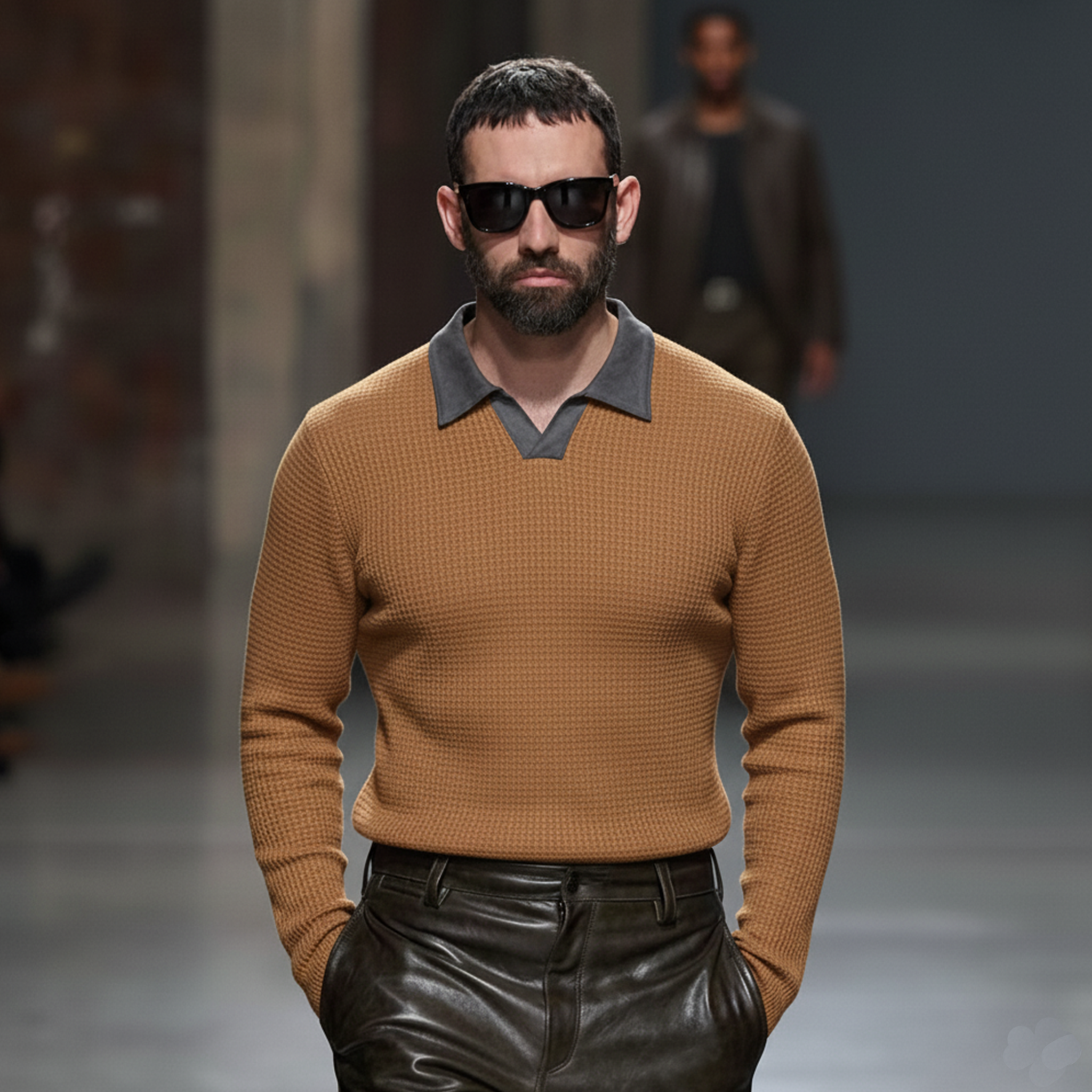 Men's Classic Casual Suede Collar And  Waffle Long-sleeved Polo Shirt MTA2878K9K