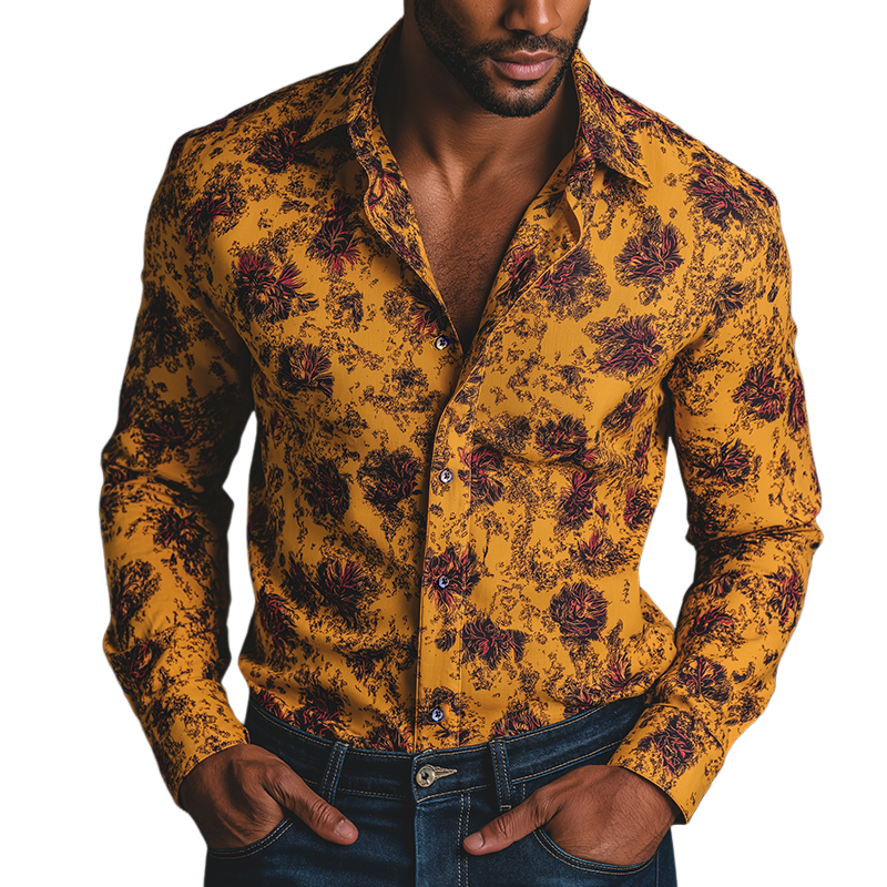 Men's Retro Casual Floral Print Lapel Long Sleeve Shirt MTA1340H1TO