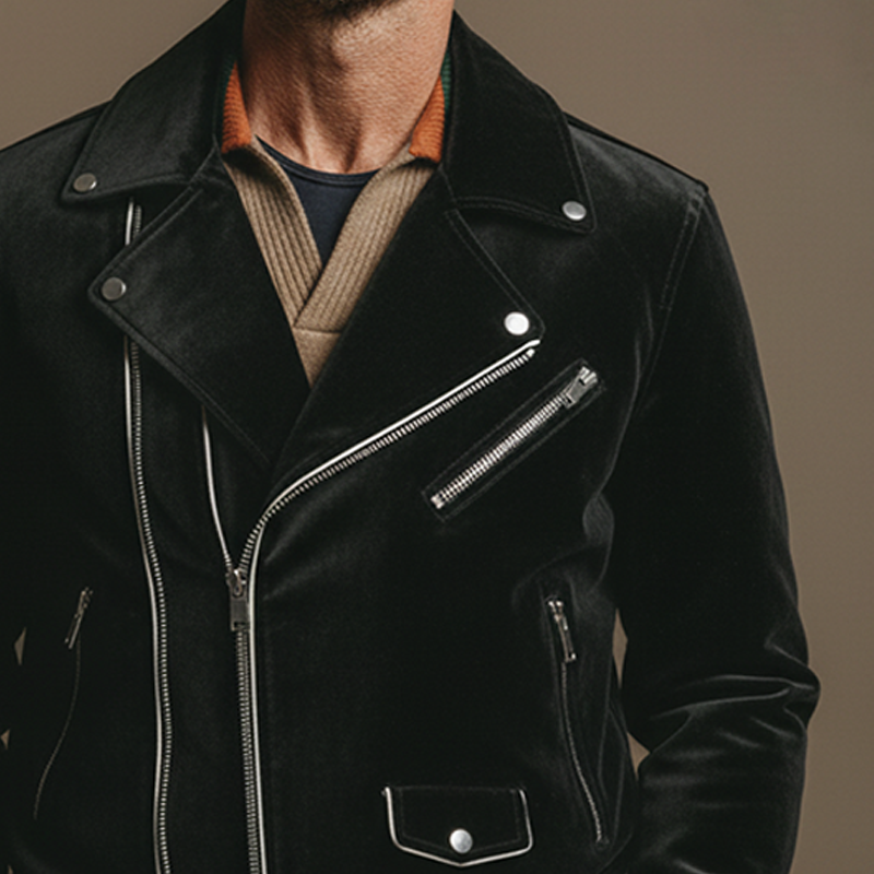 Men's Solid Color Retro Velvet Lapel Motorcycle Multi-zip Jacket MTA1909K4X
