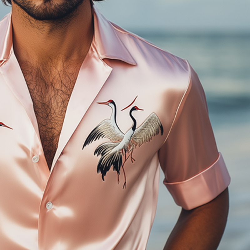Men's Summer Satin Crane Embroidered Short Sleeve Shirt MTA1081F4U