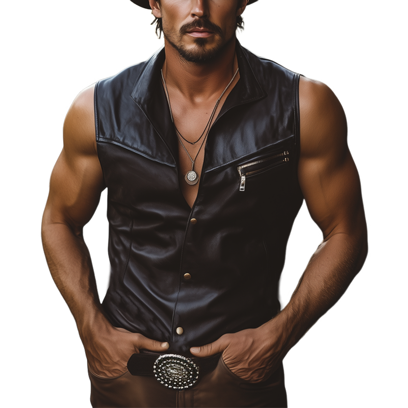 Men's Summer Western Cowboy Style PU Leather Sleeveless Shirt MTA2029F7U