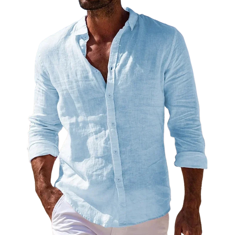Men's Cotton And Linen Breathable Solid Color Casual Long-sleeved Shirt MTA1945G7X