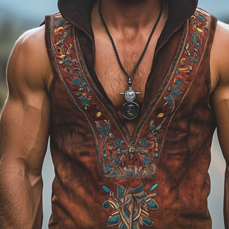 Men's Summer Western Cowboy Style V-Neck Embroidered Hooded Tank Top MTA1592E7U