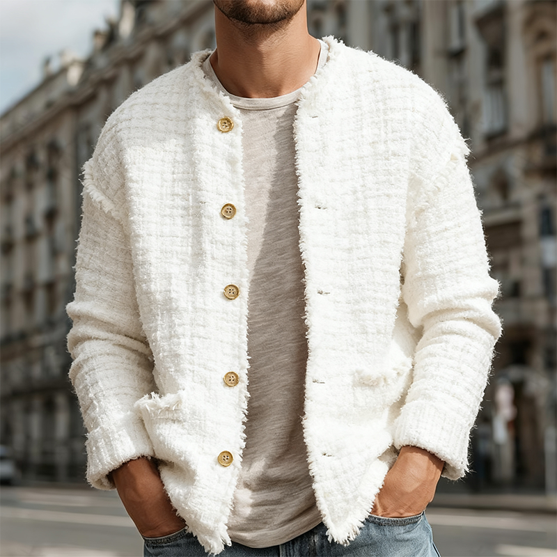 Men's Retro Casual Tweed Collarless Button-Down Jacket MTA0172K8TO