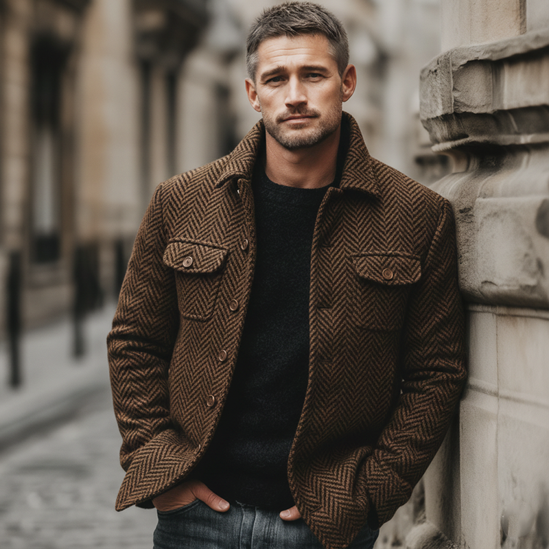 Men's Retro Brown Classic Herringbone Lapel Faux Wool Jacket MTA3171J1U