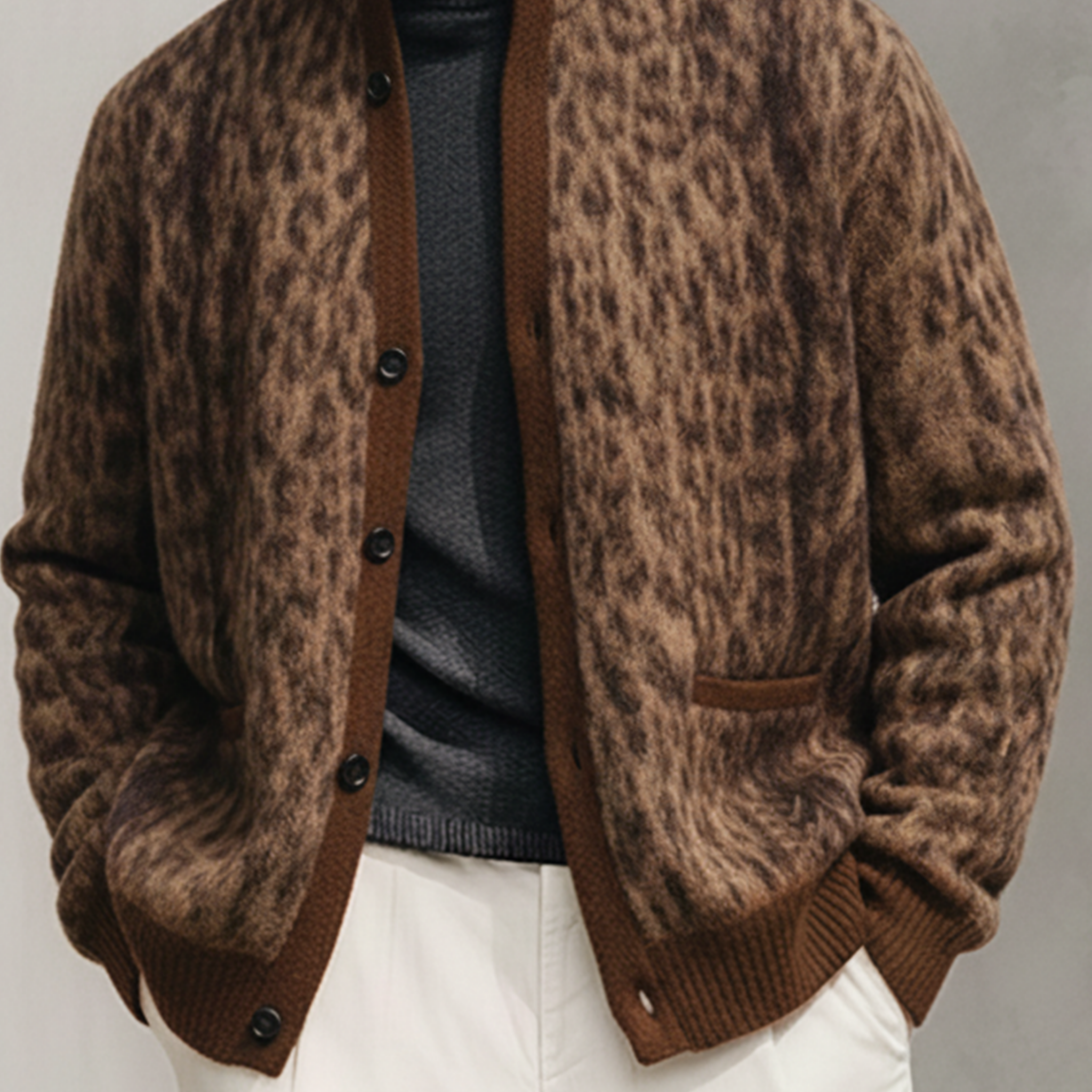 Men's Classic Casual Stand Collar Leopard Print Cardigan MTA0536K2K