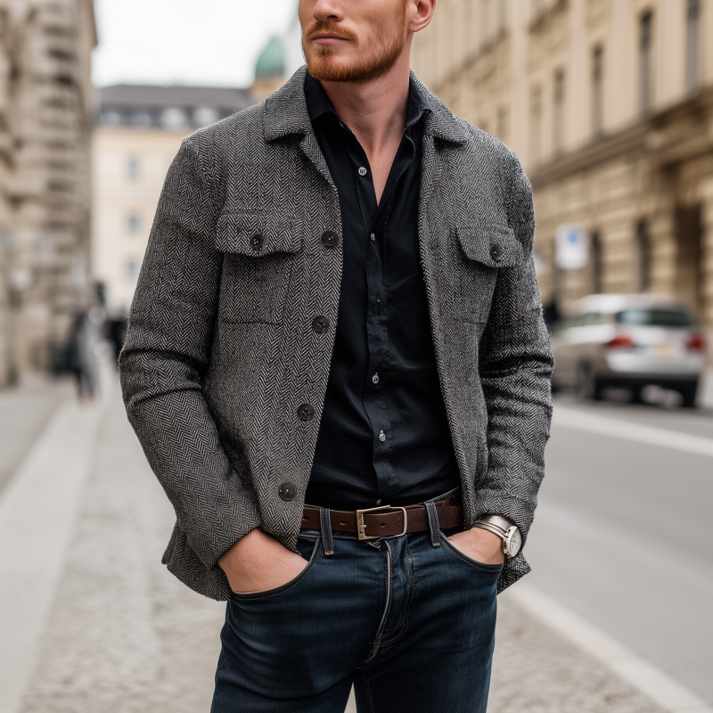 Men's Vintage Wool Blend Herringbone Lapel Flap Chest Pocket Loose Long Sleeve Shirt Jacket MTA1817H0M