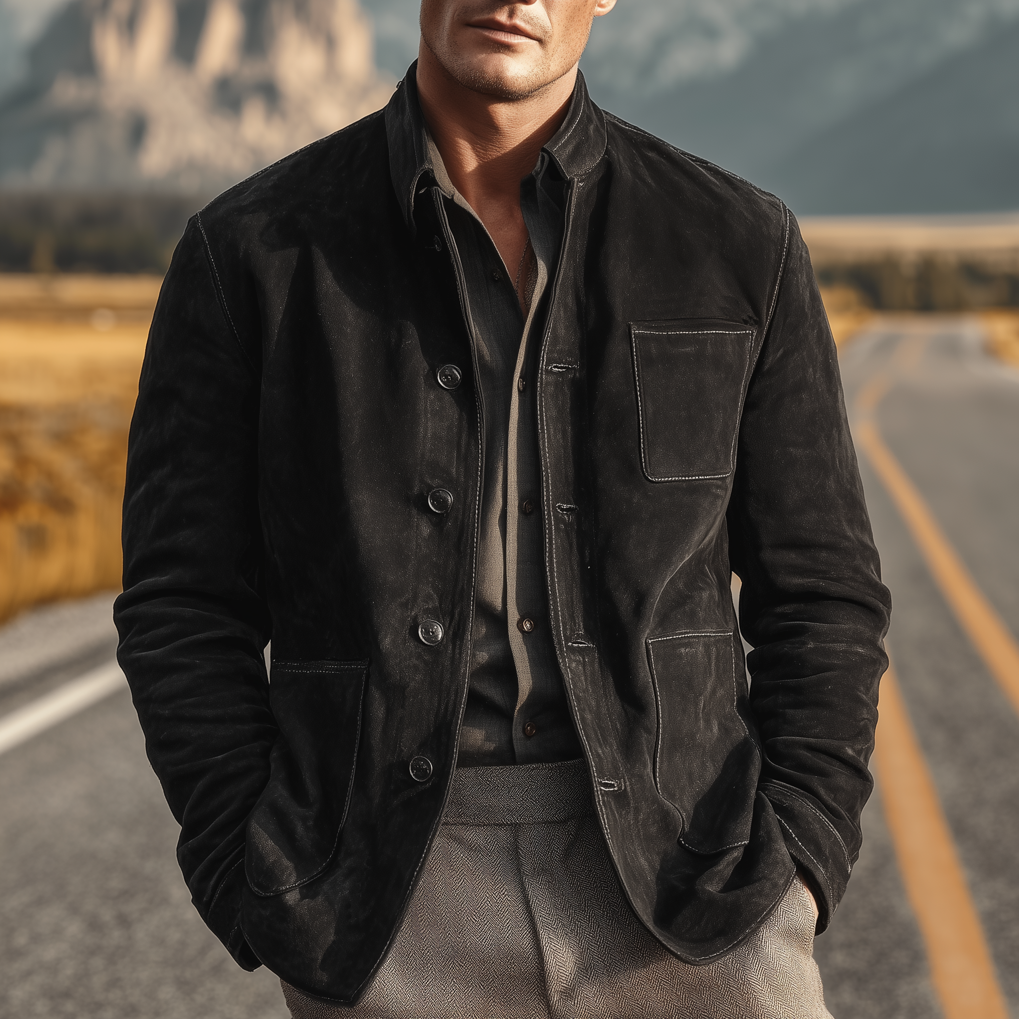 Men's Classic Vintage Stand Collar Multi-Pocket Faux Suede Single-Breasted Jacket MTA1963I1K