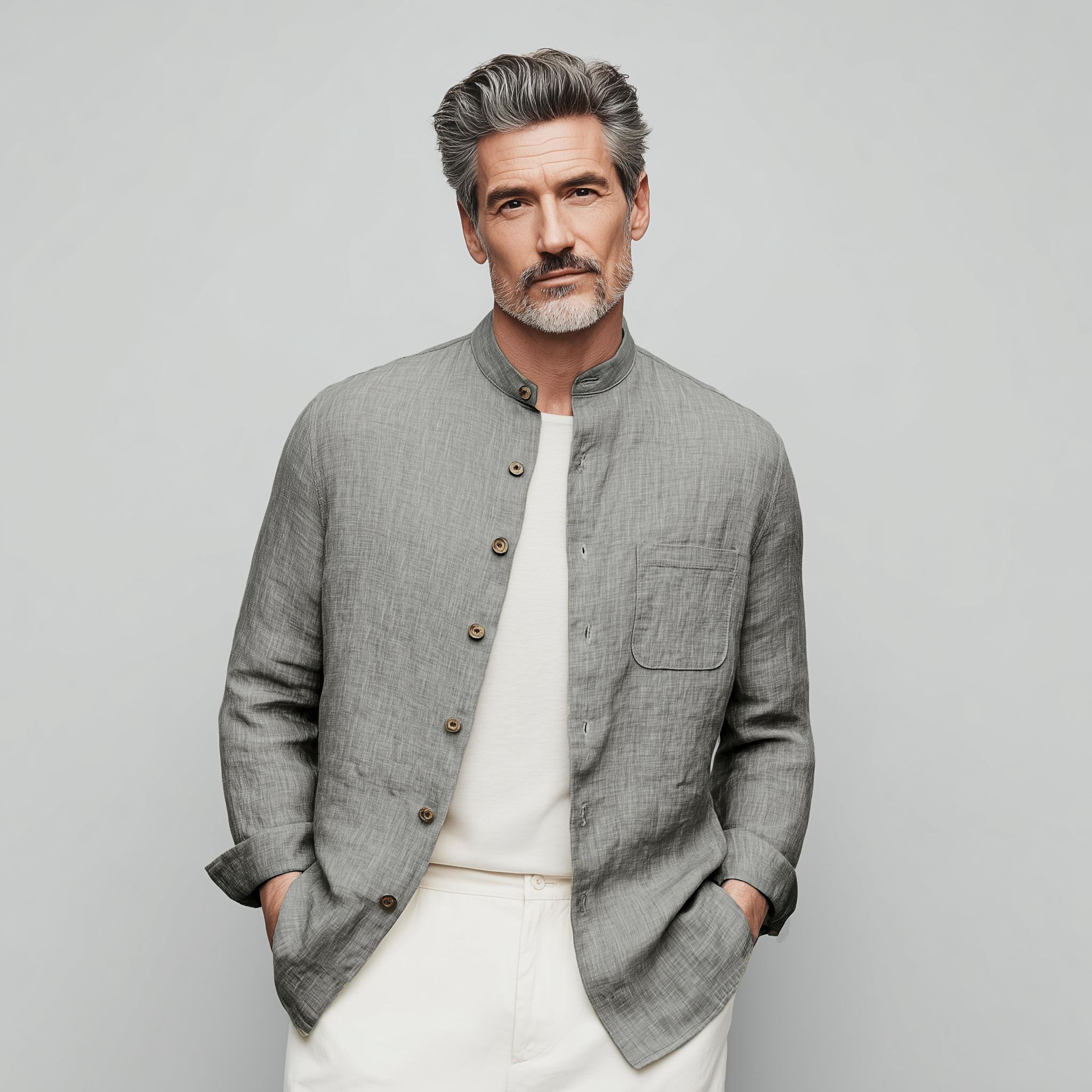 Men's Classic Casual Stand-up Collar Cotton And Linen Wooden Button Long-sleeved Shirt MTA2536G6K