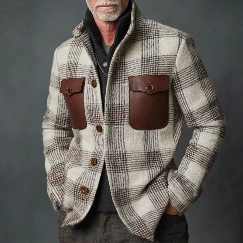 Men's Retro Casual Plaid Stitching Stand Collar Jacket MTA1915I1TO