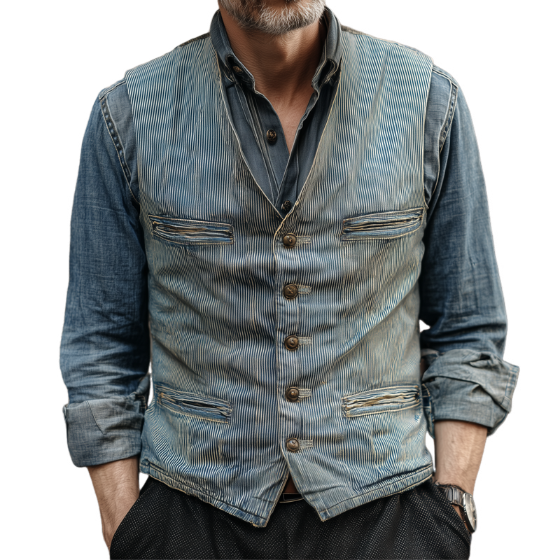Men's Vintage Striped Denim V Neck Single Breasted Multi-pocket Vest MTA1880H1Z