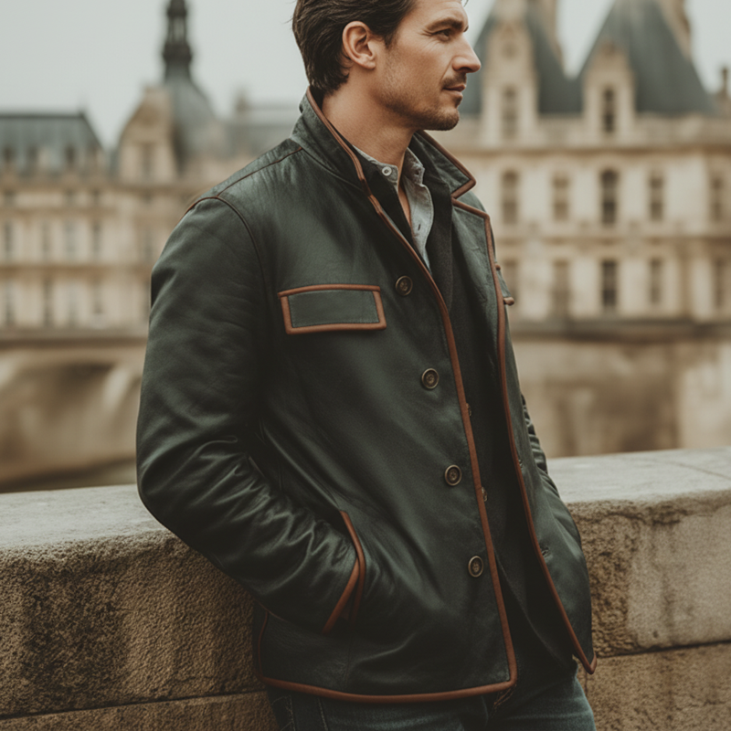 Men's Classic Color-blocked Lapel Button PU Leather Jacket MTA2958J3U