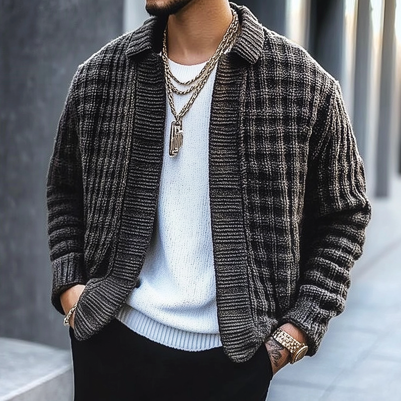 Men's Autumn And Winter Dark Gray Textured Lapel Knitted Cardigan MTA1123H6U