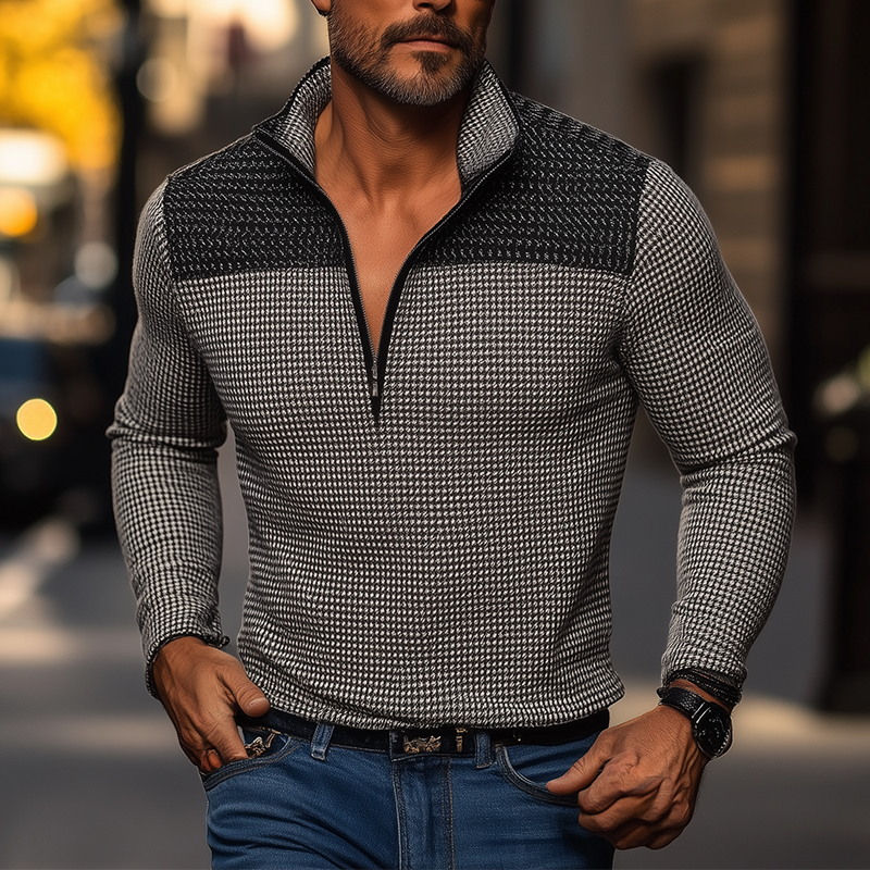 Men's Winter Retro Houndstooth Cotton Blend Patchwork Half-Zip Warm Sweatshirt MTA3037J7P