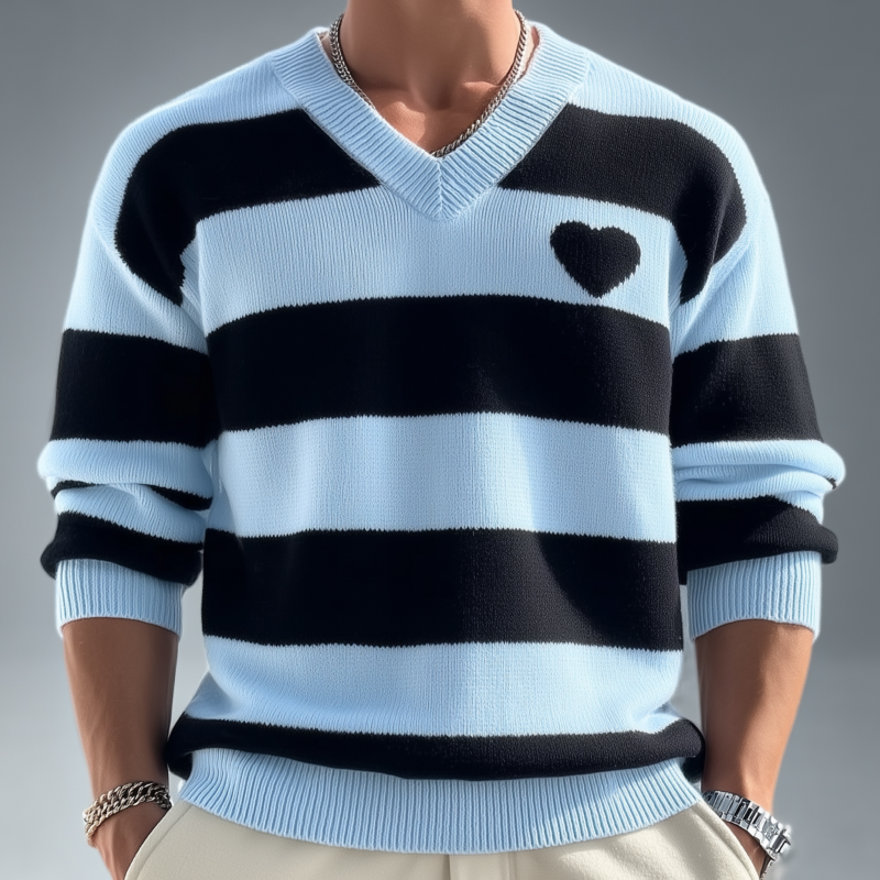 Men's Casual V-neck Contrast Striped Loose Knitted Long-sleeved Sweater MTA3127G5M