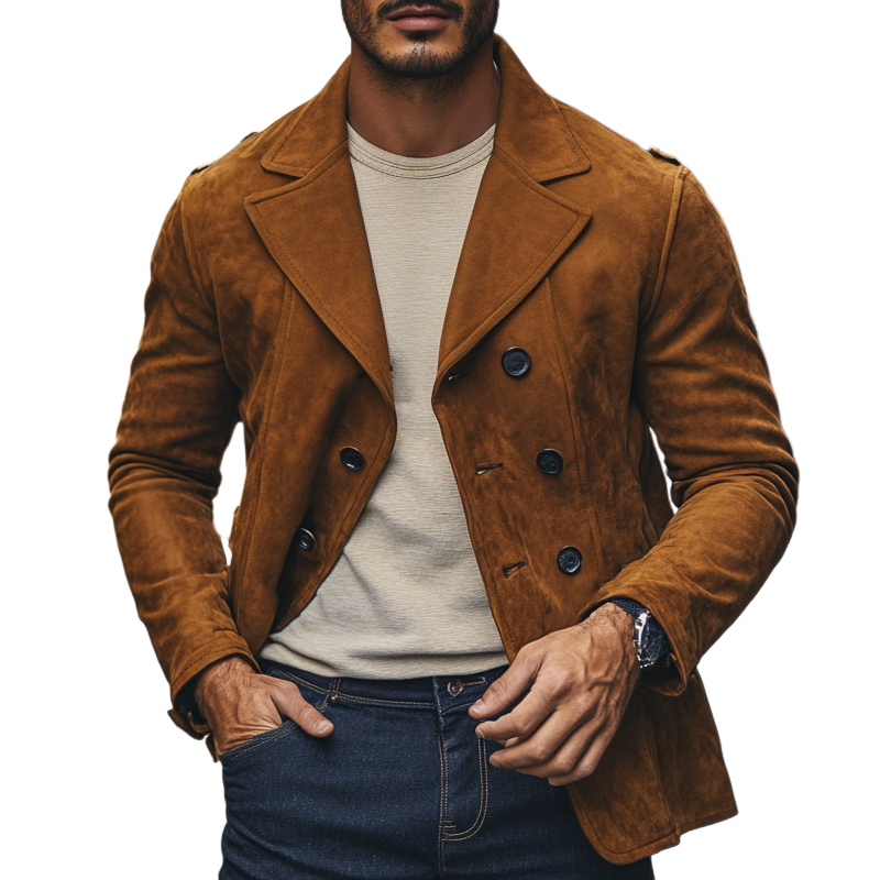 Men's Vintage Solid Lapel Double-Breasted Faux Suede Jacket MTA0421I5X