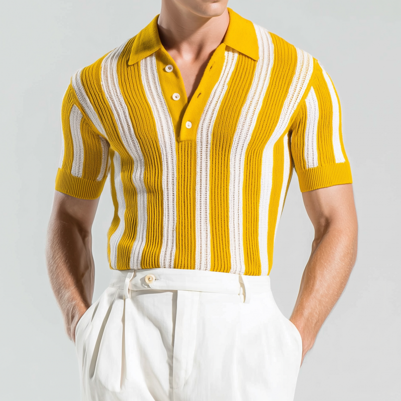Men's Casual Breathable Contrast Color Vertical Stripes Lapel Slim Fit Knitted Short-sleeved Polo Shirt MTA2260G2M