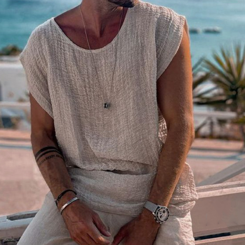 Men's Cotton And Linen Round Neck Solid Color Short-sleeved T-shirt MTA1992G6X