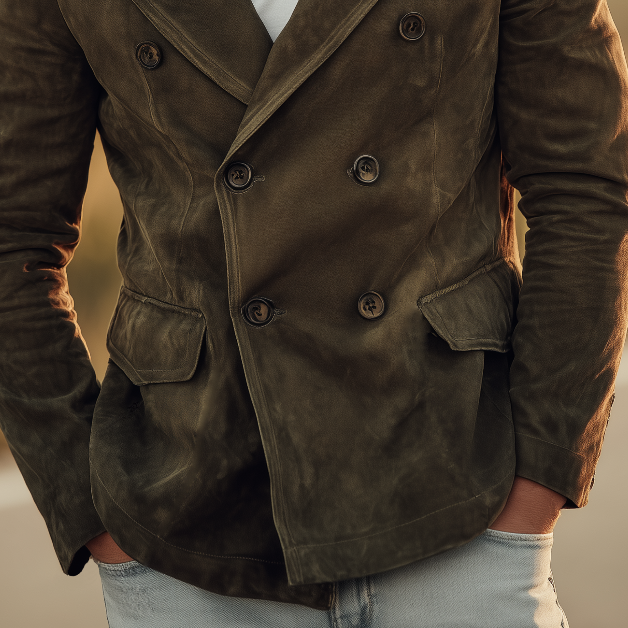 Men's Classic Retro Lapel PU Leather Double-breasted Suede Jacket MTA0269I4K