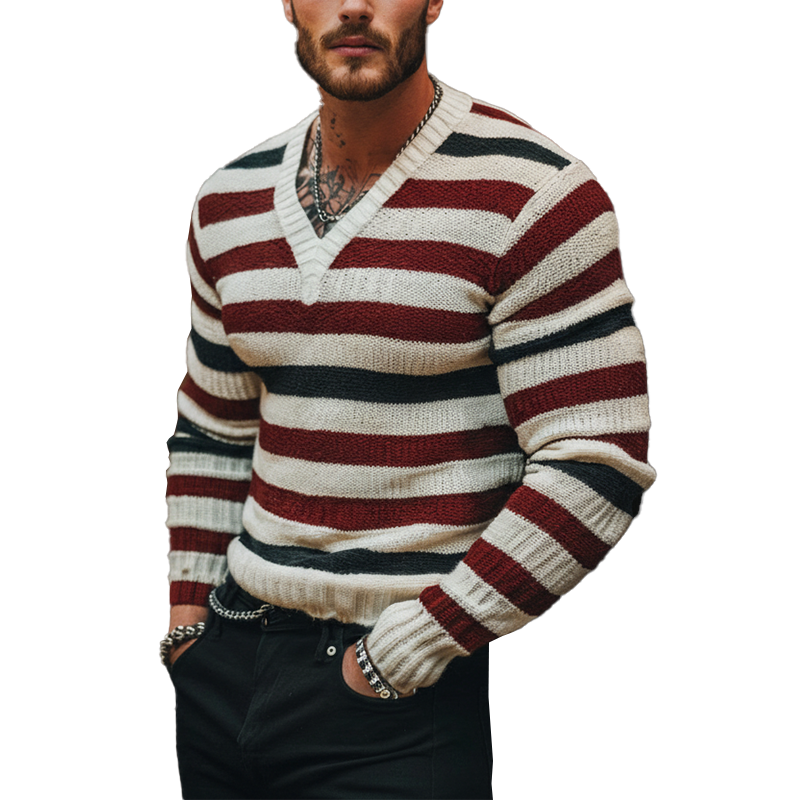 Men's Autumn Retro Contrast Striped Cotton Knitted V-Neck Sweater MTA1669J6P