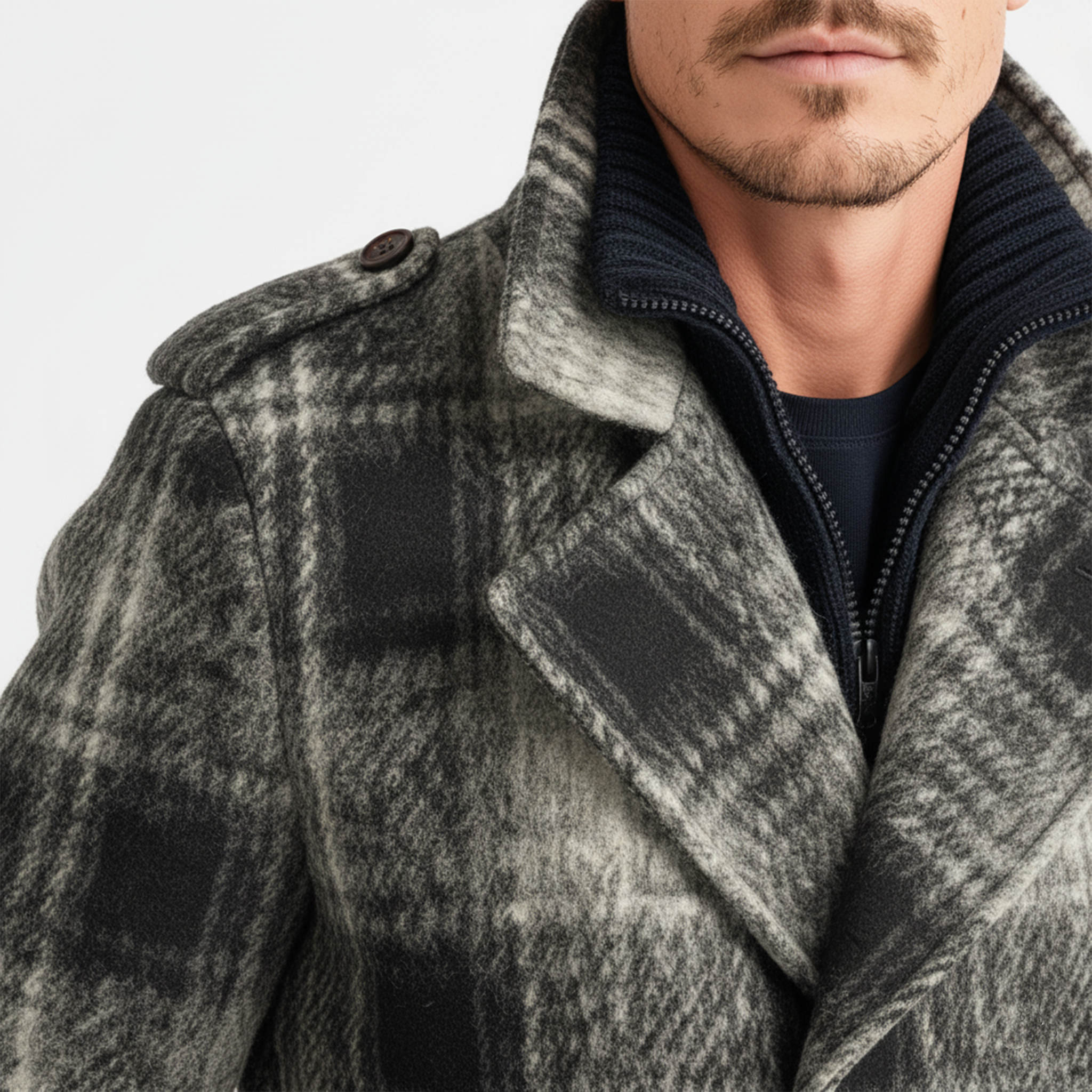 Men's Classic Light Business Lapel Double-breasted Faux Plaid Wool Jacket MTA3017I8K