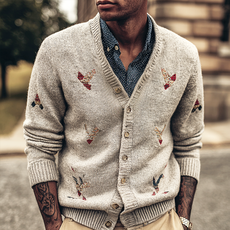 Men's Fashion Geometric Embroidered Single-Breasted Knitted Cardigan MTA1096I4Z