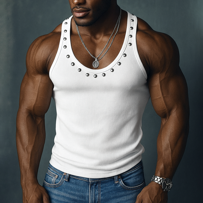 Men's Rivet Solid Striped U Neck Sleeveless Tank Top MTA1845G2Z