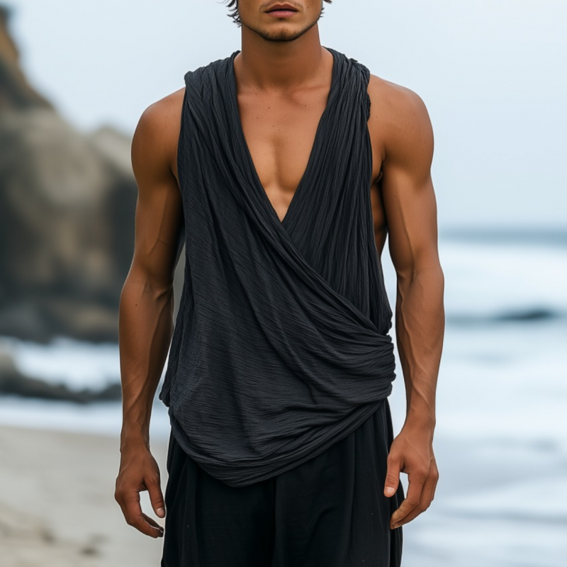 Men's Fashion Solid Color Breathable Cotton Pleated Cross Loose Tank Top MTA2058F8M