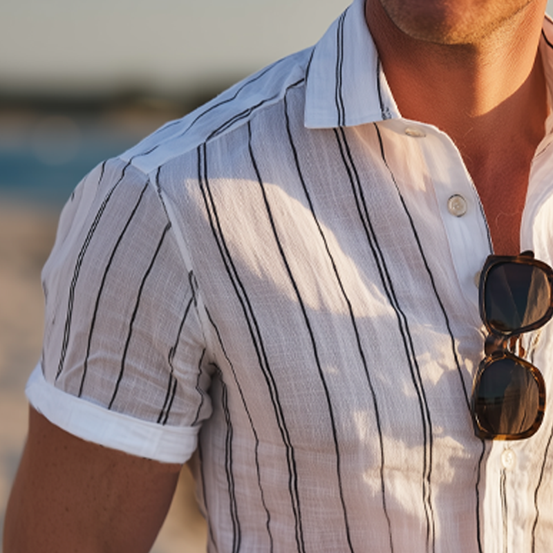 Men's Casual Vertical Striped Cotton Short Sleeve Shirt MTA0780G9U