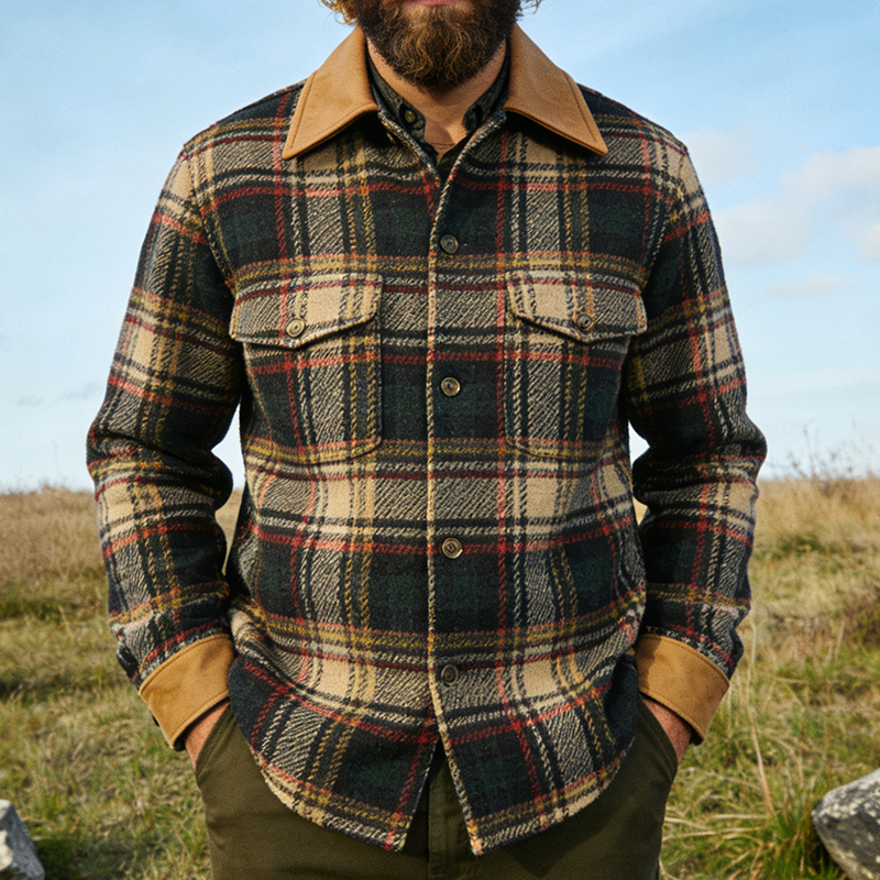 Men's Retro Casual Plaid Patchwork Lapel Button-Up Jacket MTA1238L1TO