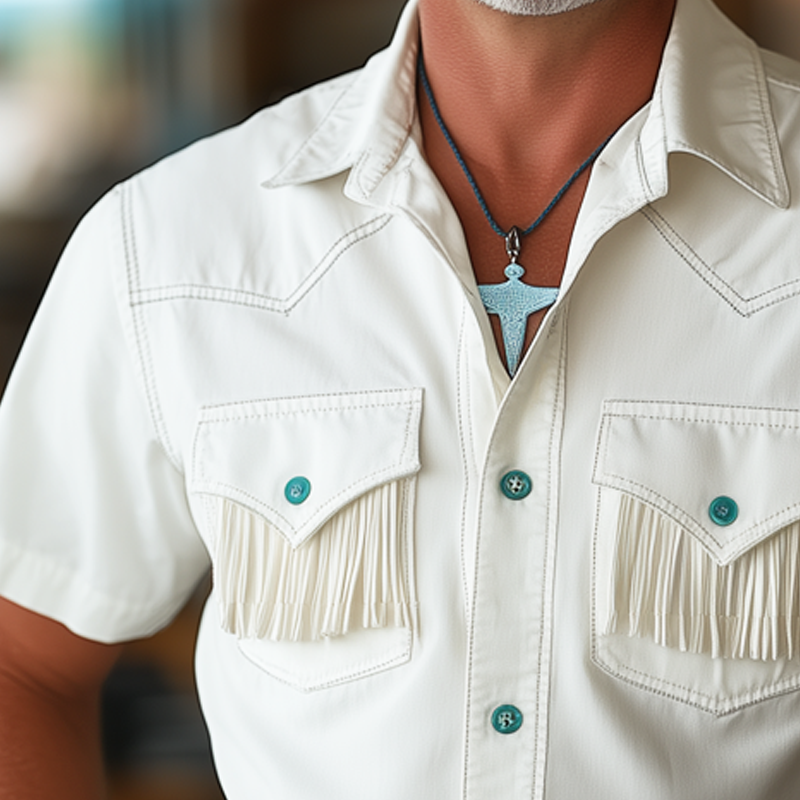 Men's Summer Western Cowboy Style Tassel Short Sleeve Shirt MTA1796F6U