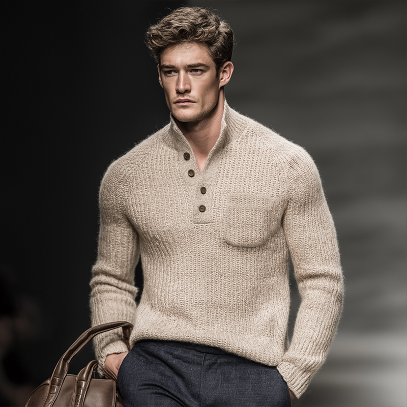 Men's Classic Light Khaki Stand Collar Knitted Sweater MTA2218J1U