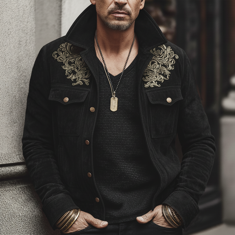 Men's Vintage Black Faux Suede Embroidered Button-up Jacket MTA1168L0U
