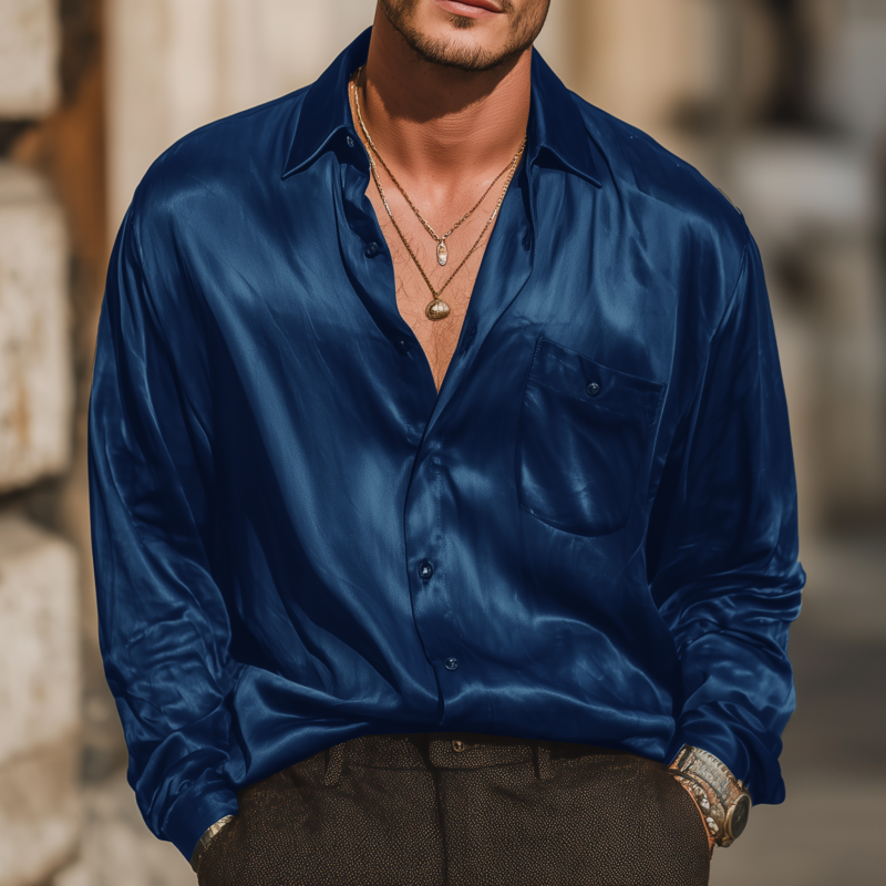 Men's Vintage Elegant Solid Color Satin Lapel Patch Pocket Loose Long Sleeve Shirt MTA1950G0M