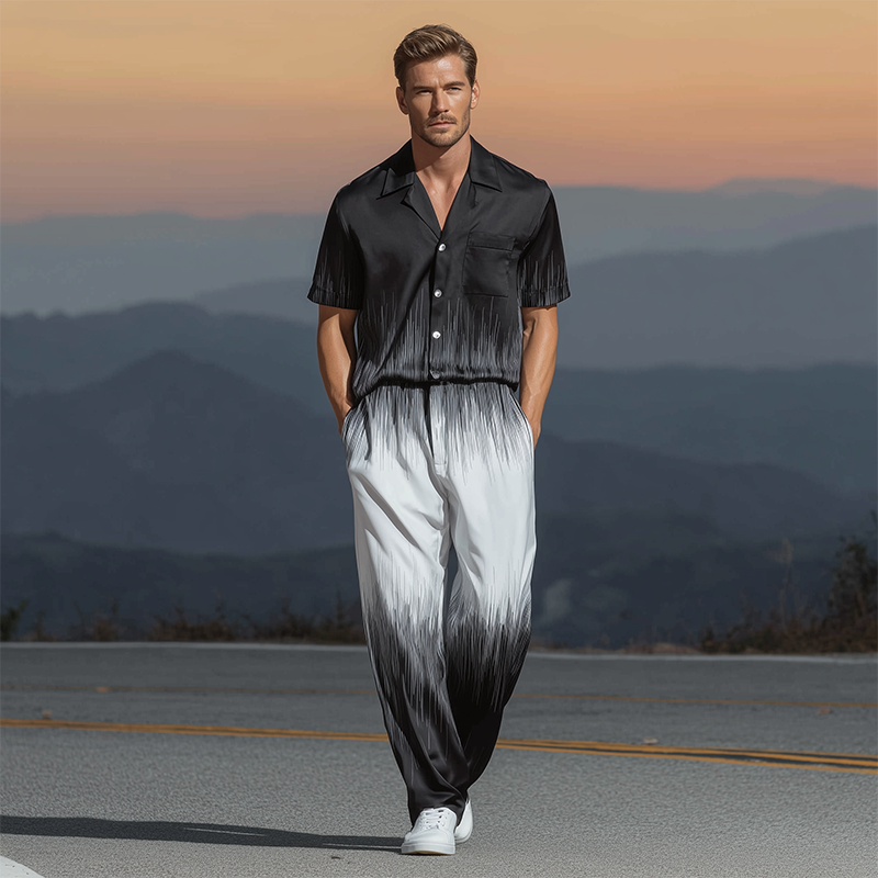 Men's Spring And Summer Fashion Casual Black And White Gradient Printed Satin Short Sleeve Shirt Pants Set MTA1077G0K